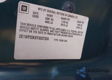 2000 Chevrolet Impala из США, поврежденный, VIN 2G1WF55K8Y9327224